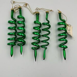 5 Vintage green spiral Blown Glass Icicle Christmas ornaments
